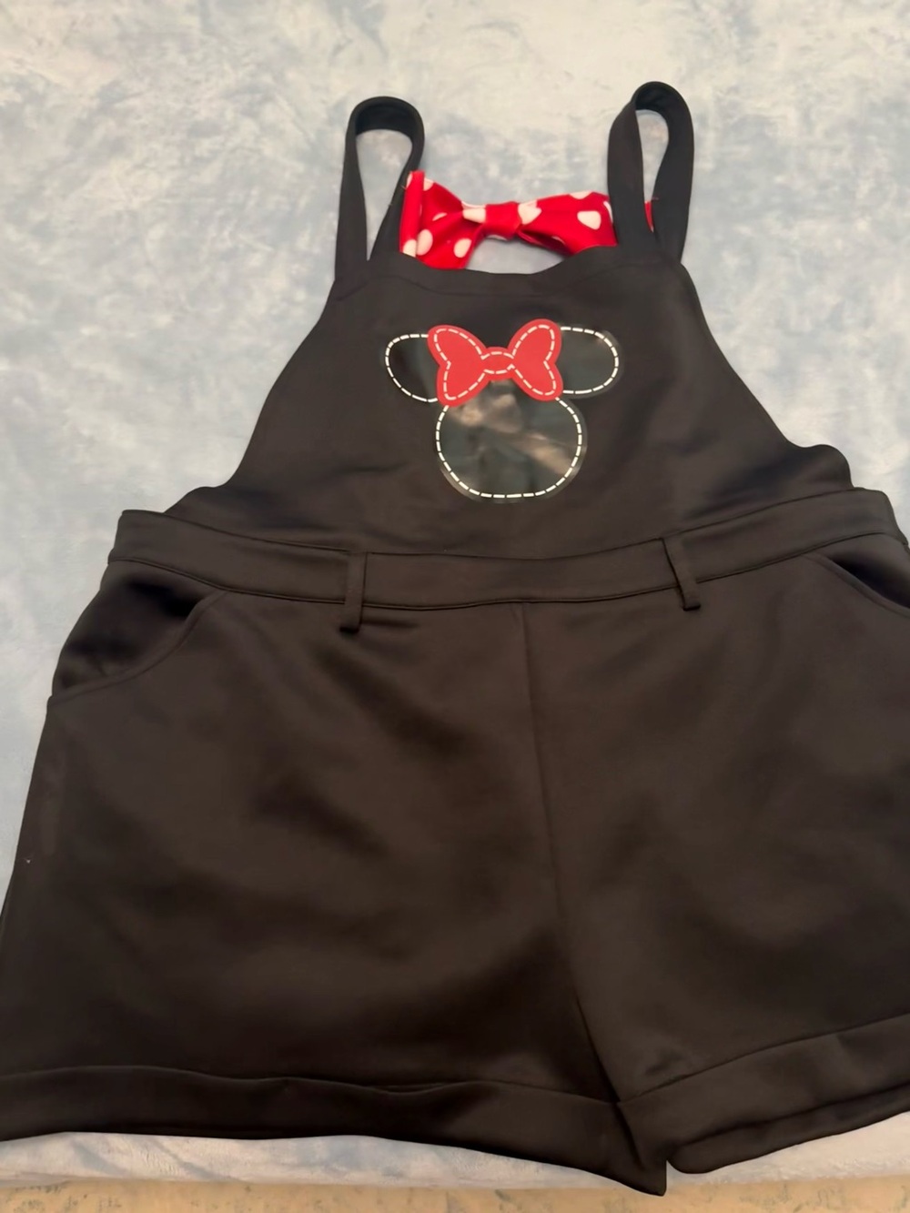 Disney Minnie Mouse Black Shortall Romper with Red Polka Dot Bow